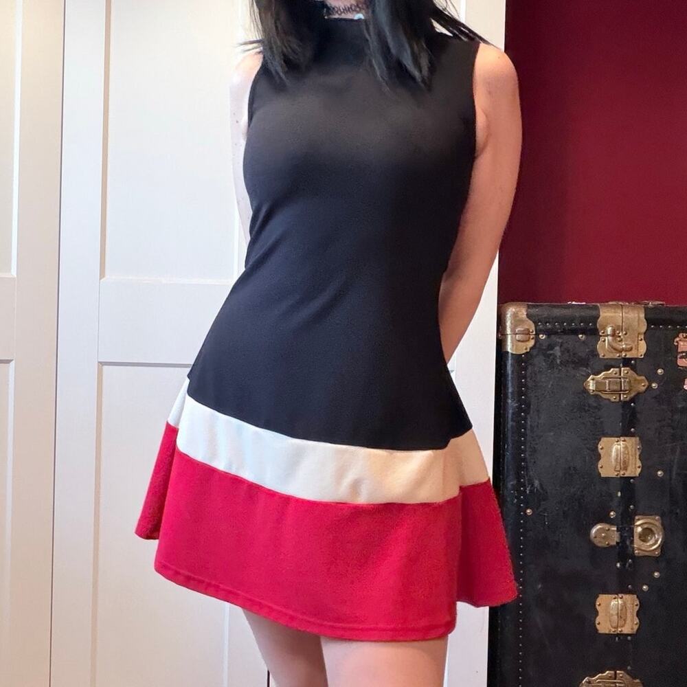 high neck black, white, and red mini dress